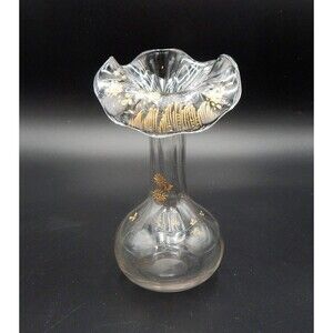 French Art Nouveau Crystal Jack In The Pulpit Vase Gold Accent Legras 6 Inch